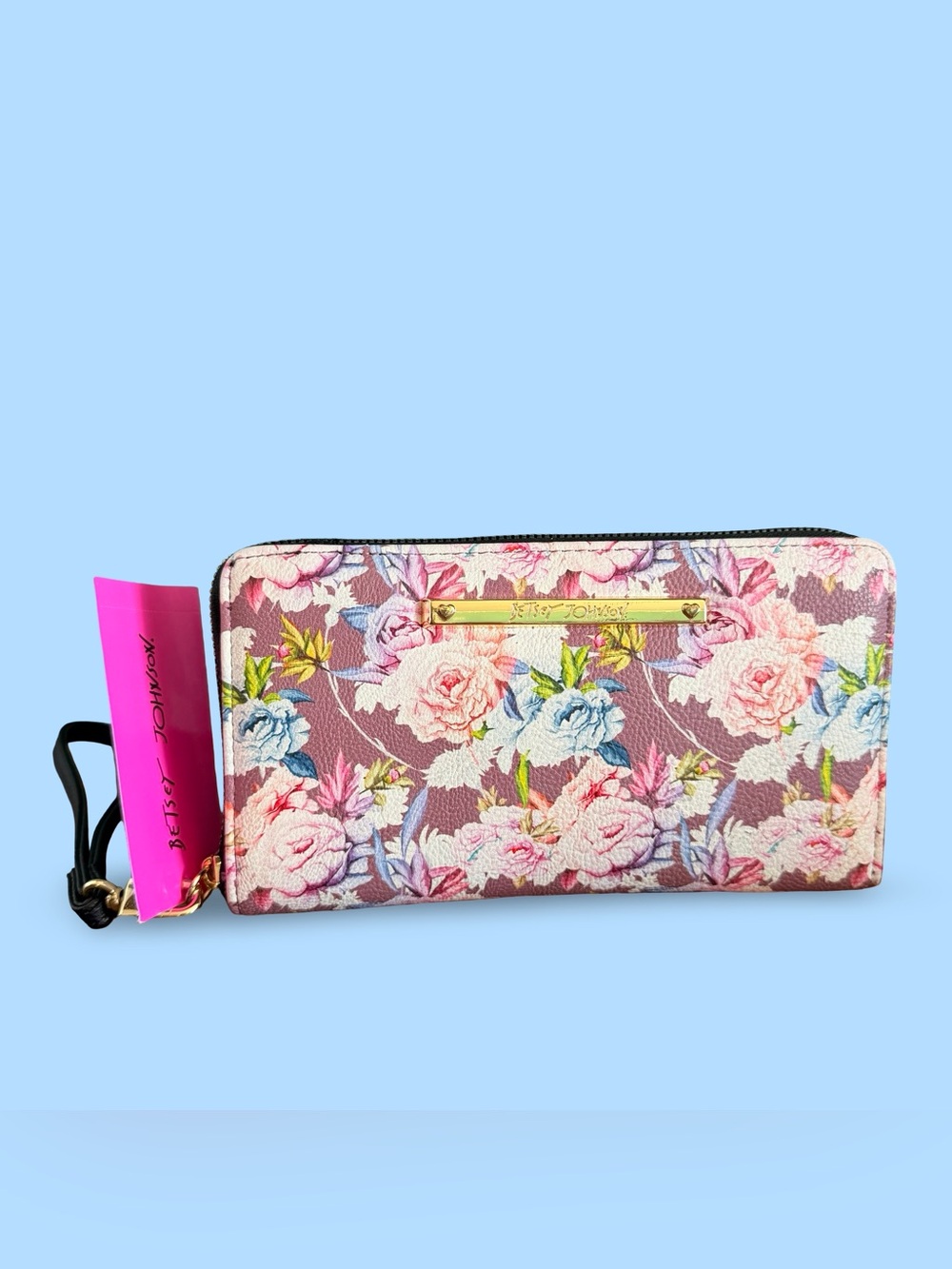 NWT Betsey Johnson Mauve Floral Wristlet Wallet with gold tone accents